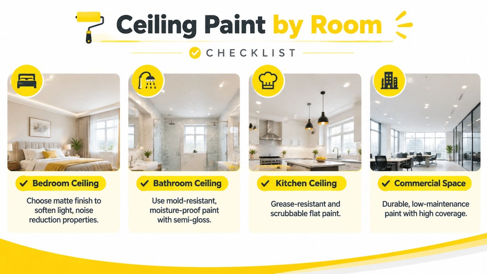 A checklist infographic providing advice on selecting the best paint finish for different room ceilings.