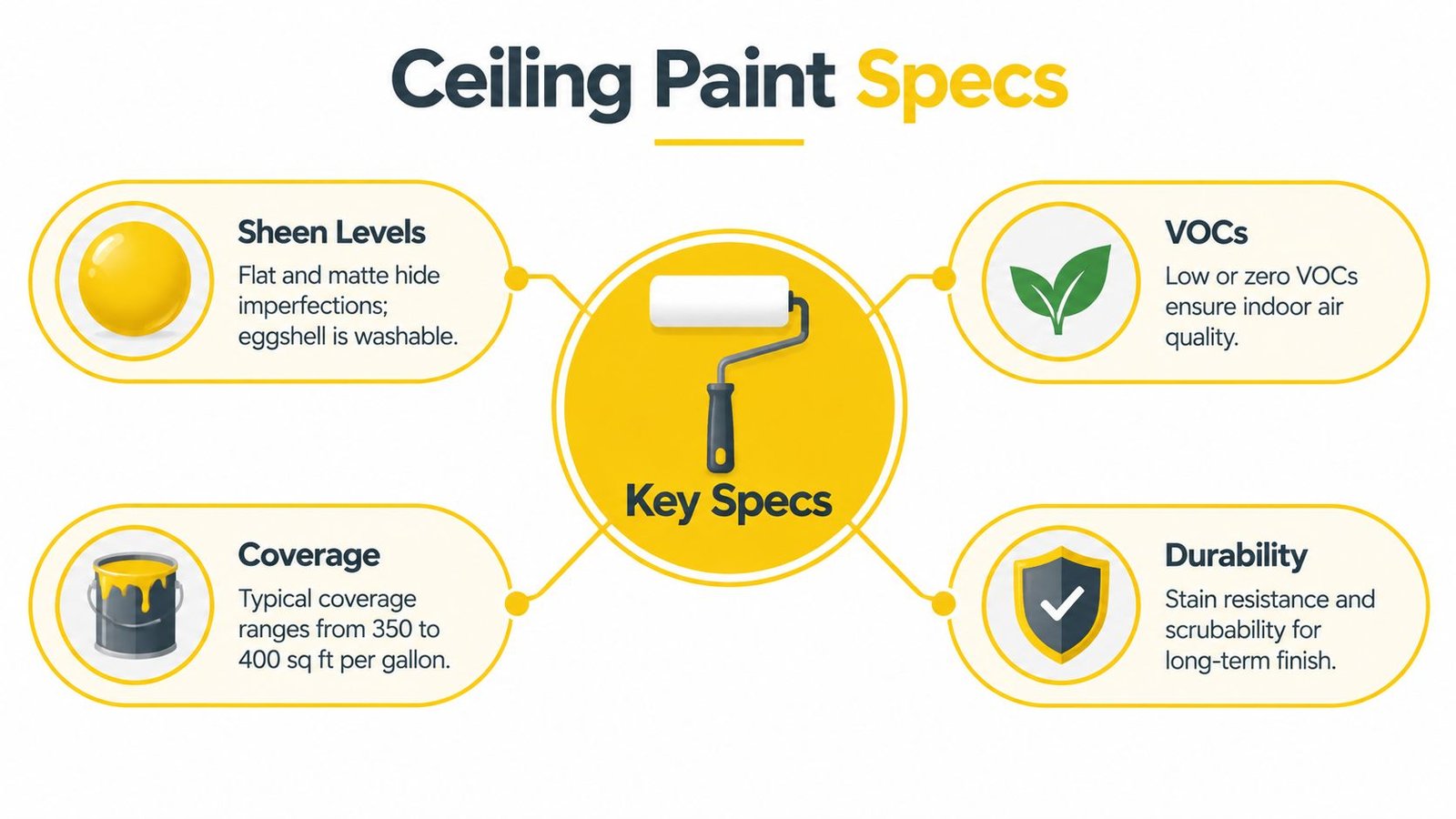 An infographic detailing four key ceiling paint specifications including sheen levels, VOCs, coverage, and durability.