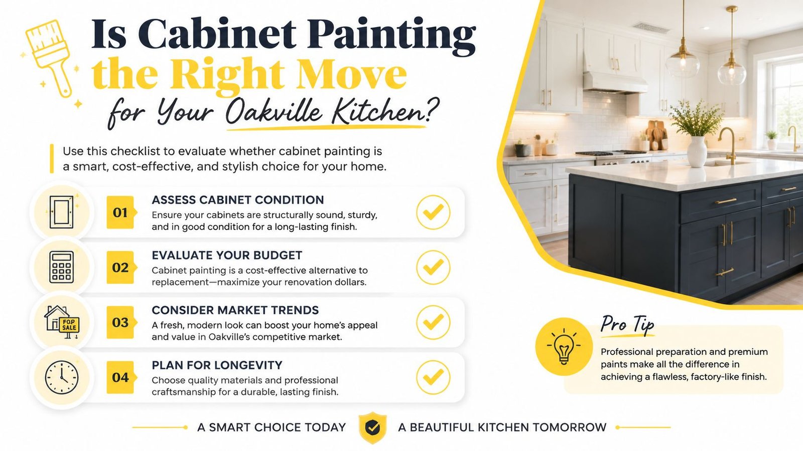 A checklist for homeowners in Oakville evaluating the benefits of professional kitchen cabinet painting services.