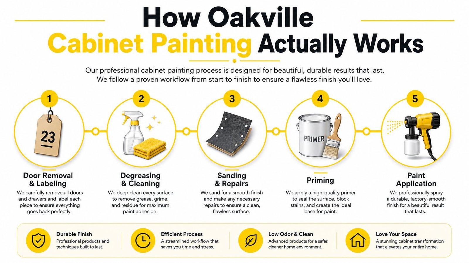 A five-step infographic showing the professional cabinet painting process used by Oakville Cabinet Painting specialists.