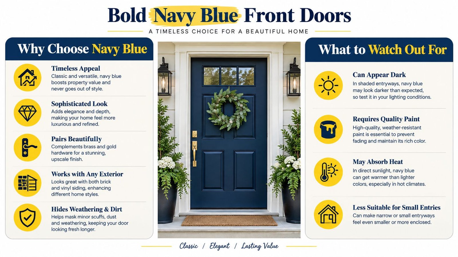 An infographic titled Bold Navy Blue Front Doors listing the advantages and considerations for painting front doors.