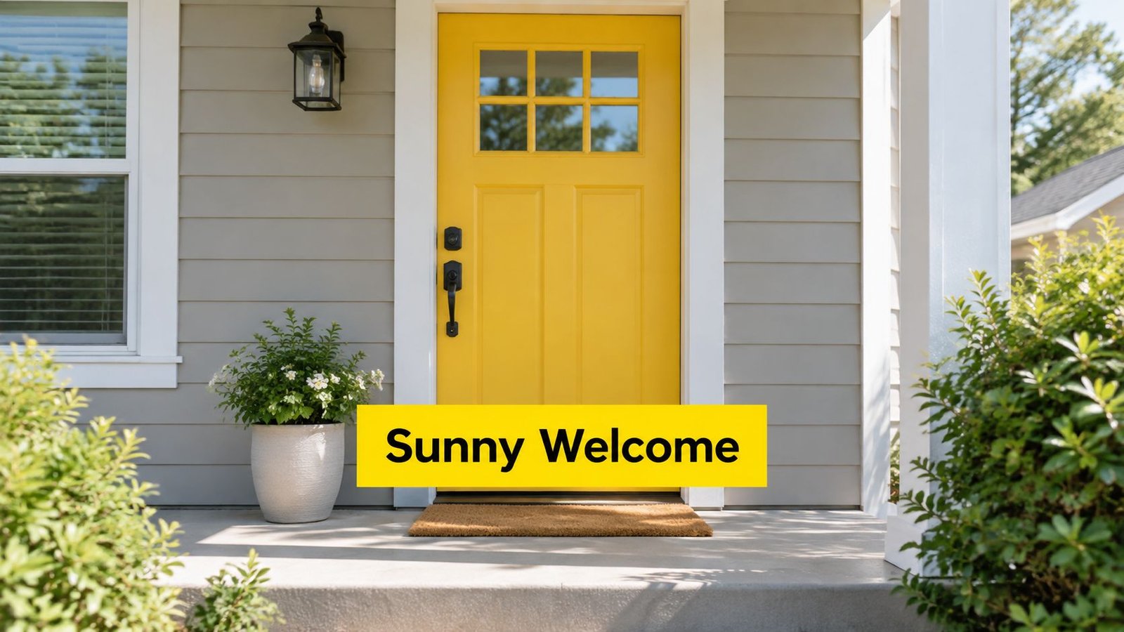 A bright yellow front door with a window set against neutral grey siding on a porch.