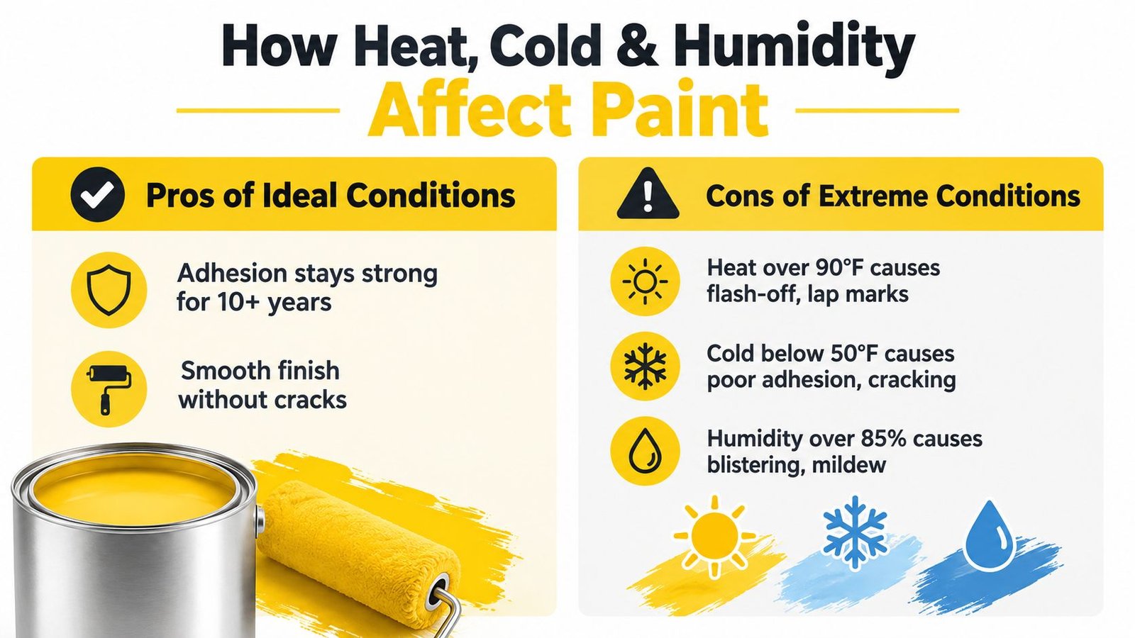 An infographic showing how temperature and humidity levels impact the quality and durability of paint application.
