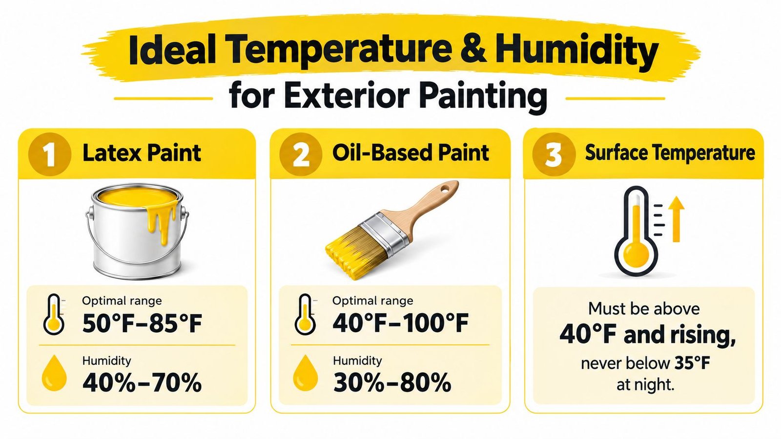An infographic detailing the ideal temperature and humidity ranges for using latex and oil-based exterior house paints.
