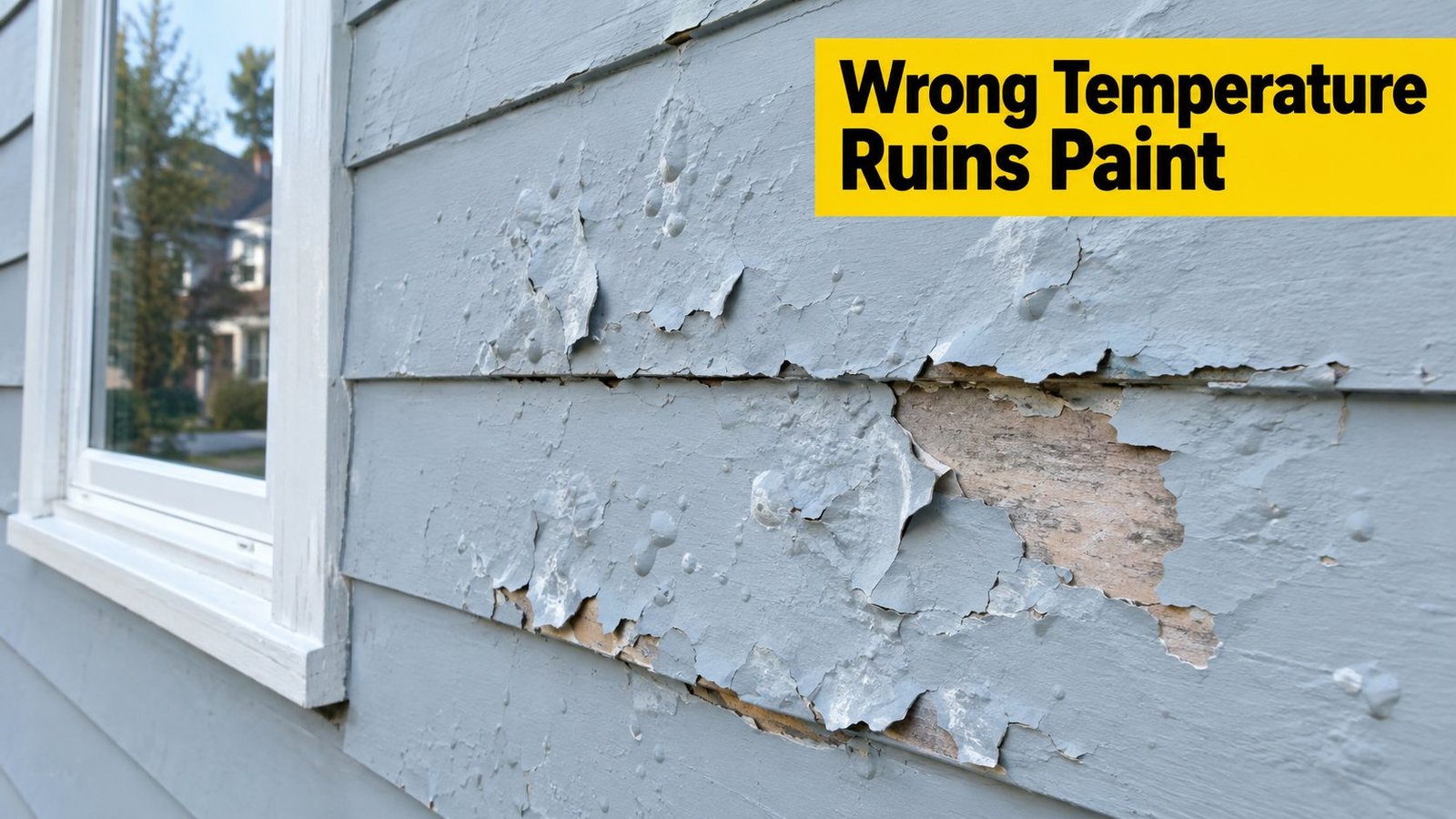 A close up view of light blue exterior home siding with paint peeling and blistering due to temperature.