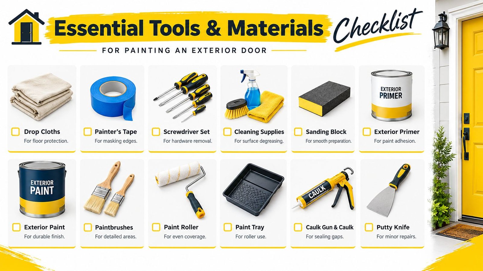 A checklist of essential tools and materials needed for painting an exterior door displayed in a grid.