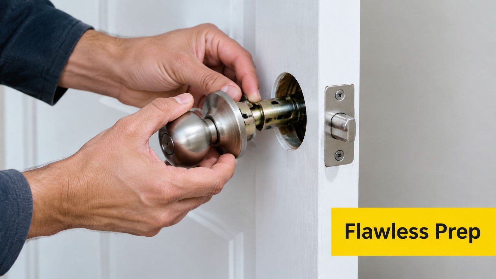 A close-up of a person installing a new metal doorknob on a white wooden door.