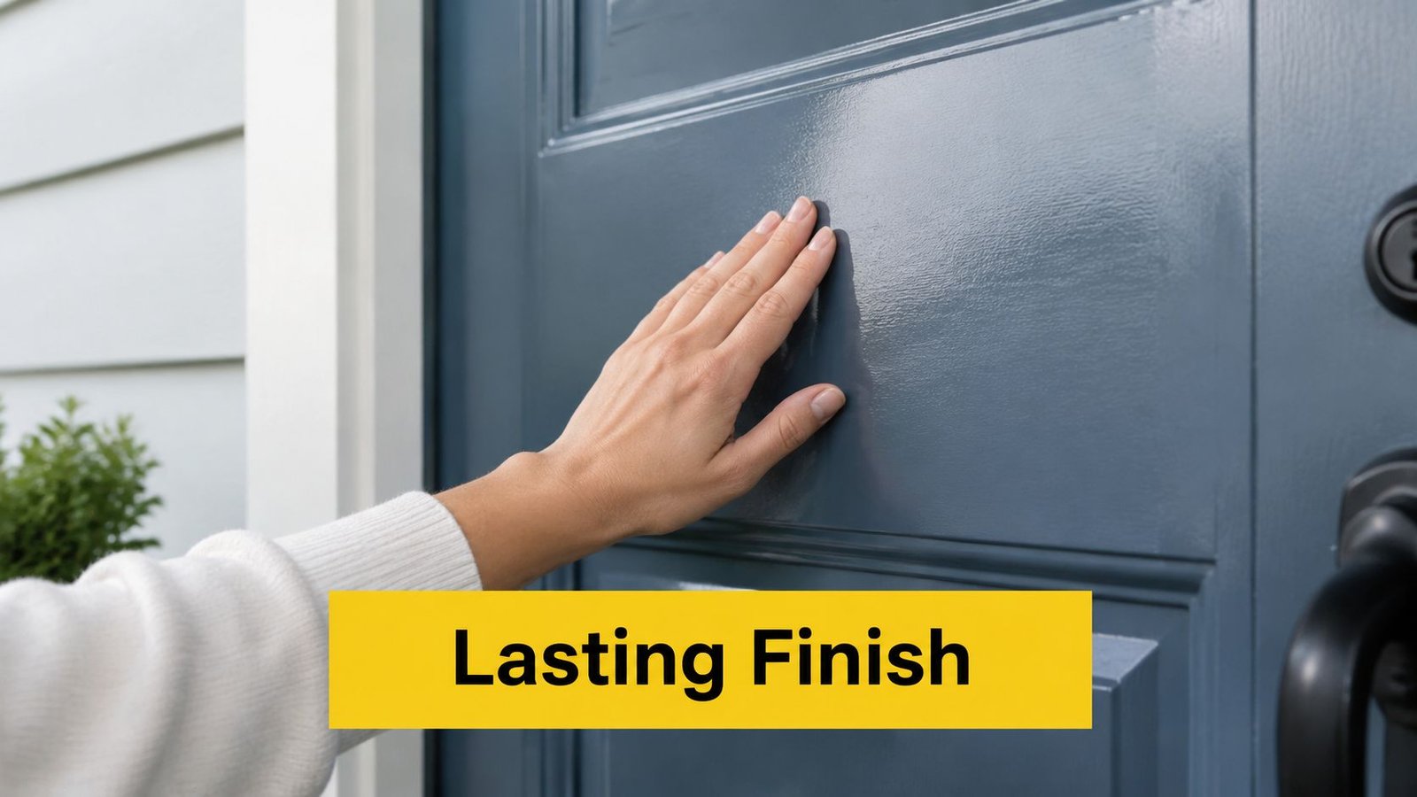 A close-up view of a person's hand touching a freshly painted blue exterior front door.