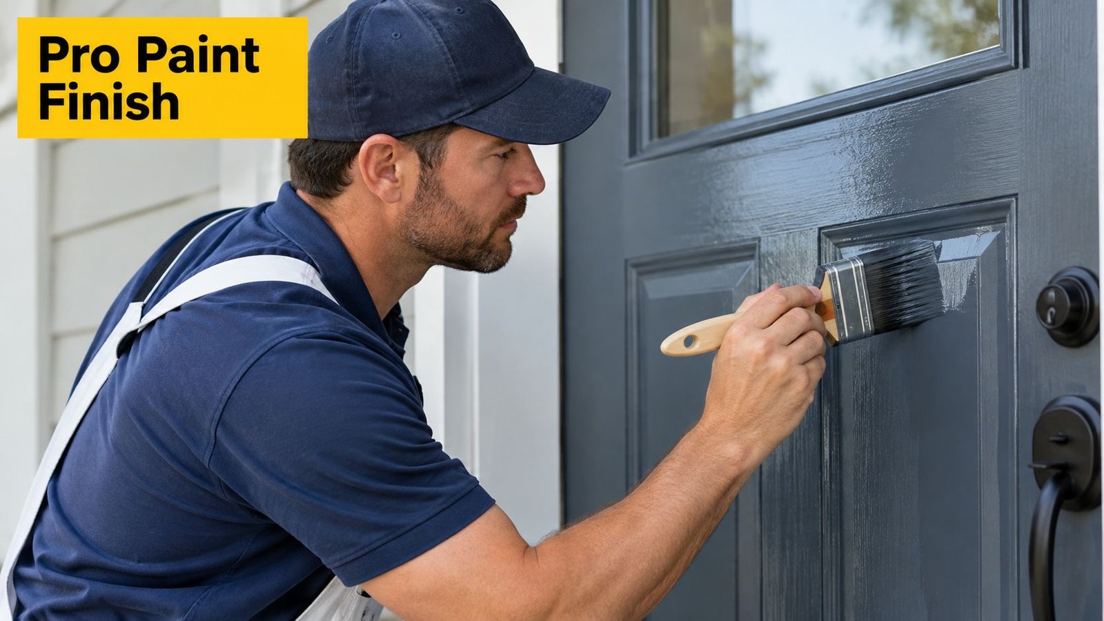 A professional painter wearing a hat and uniform carefully applying grey paint to an exterior front door.
