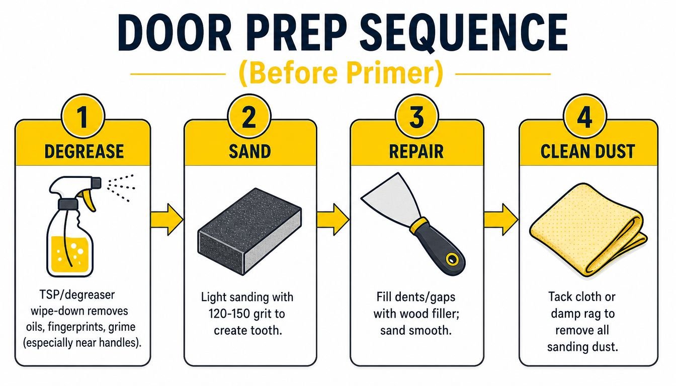 An infographic showing a four-step door preparation sequence before applying primer, including degreasing, sanding, repairing, and cleaning.