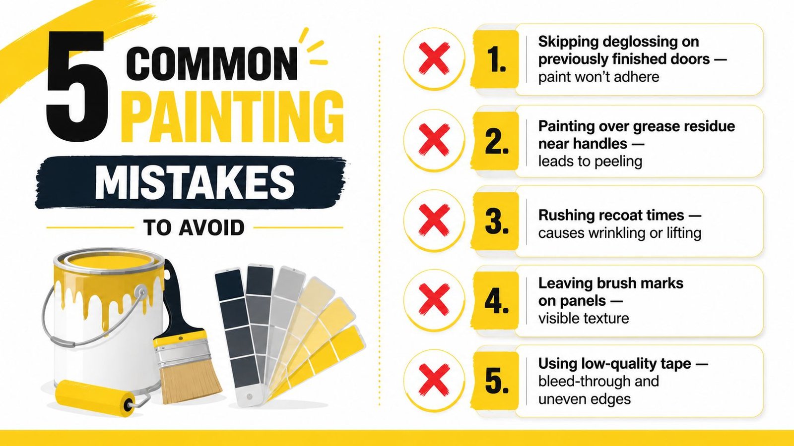An infographic listing five common painting mistakes to avoid when painting home doors and surfaces.