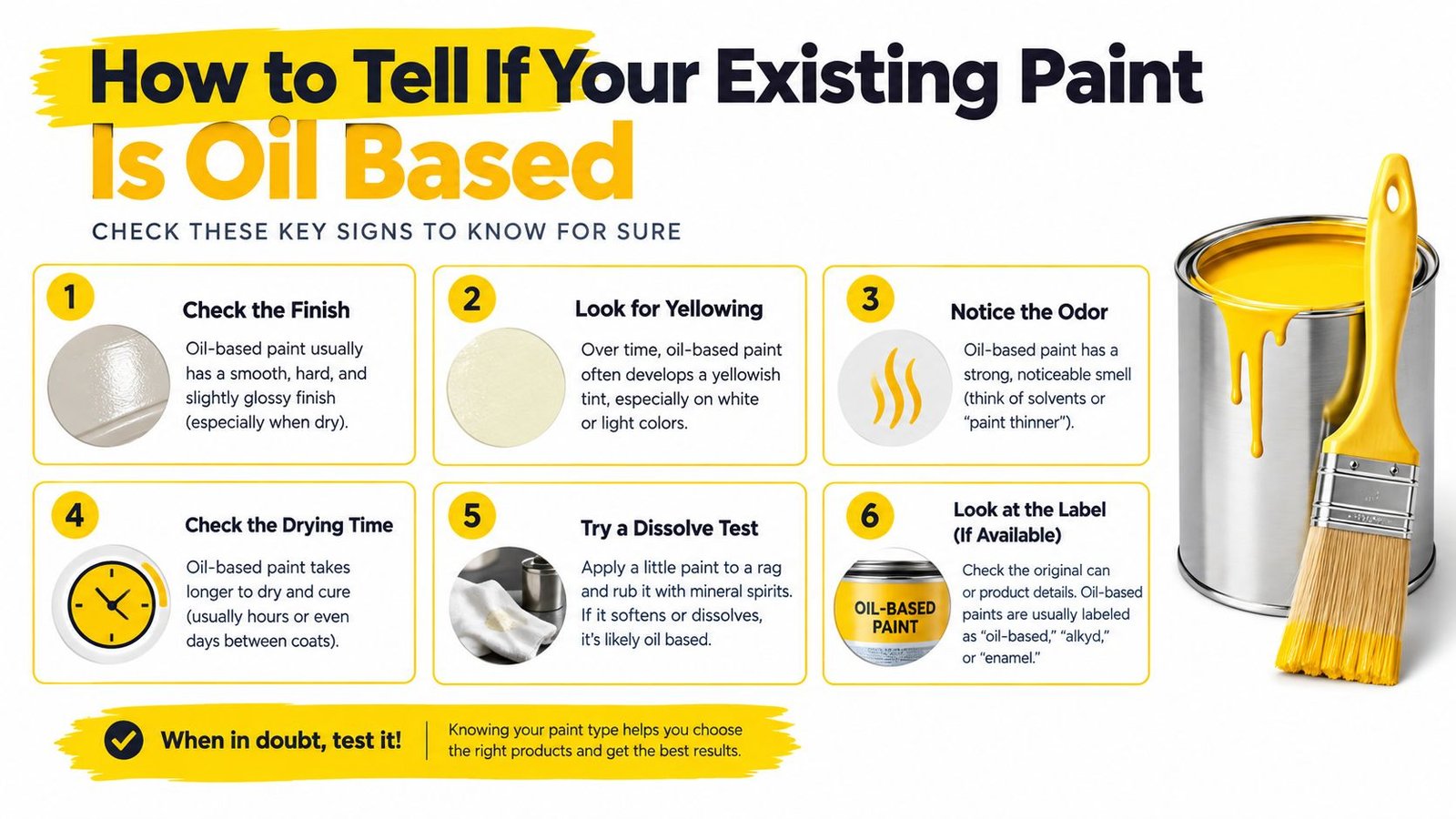 An infographic detailing six key signs to identify if existing paint is oil-based for DIY projects.