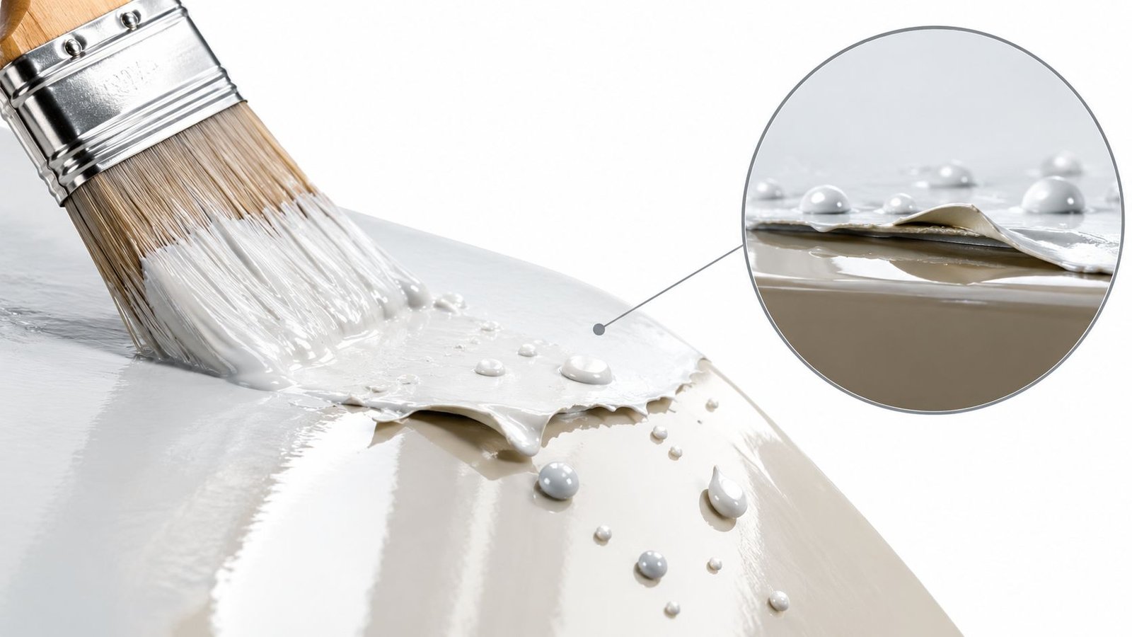 A paintbrush applying white paint over a glossy surface, demonstrating a peeling paint layer in a circular inset.