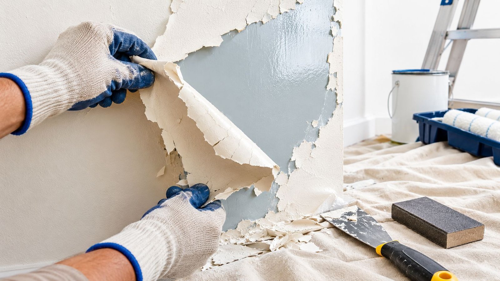 A person wearing work gloves peels loose paint off a wall during a home renovation project.