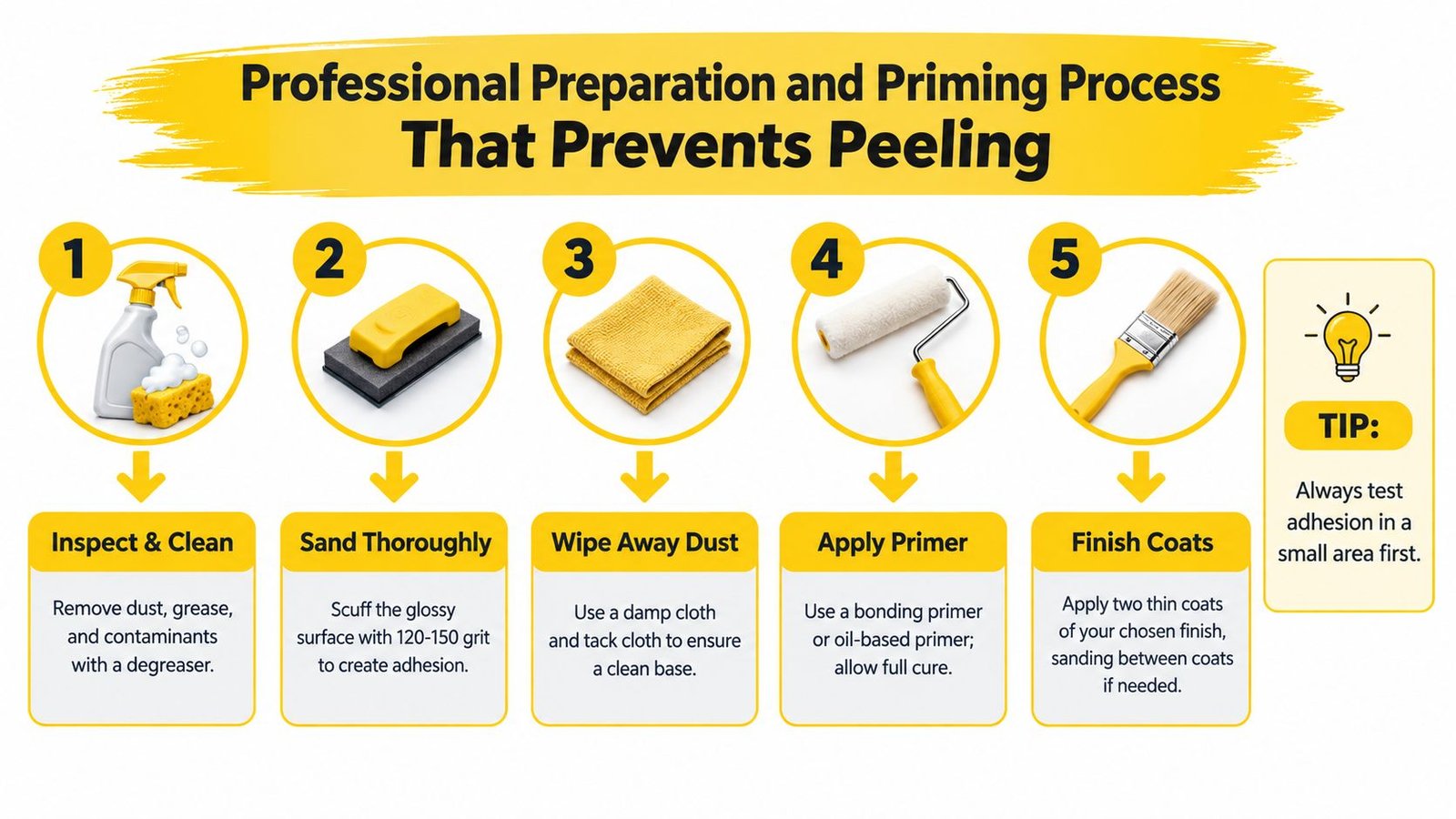A step-by-step infographic showing five professional preparation steps for painting to prevent surface peeling.