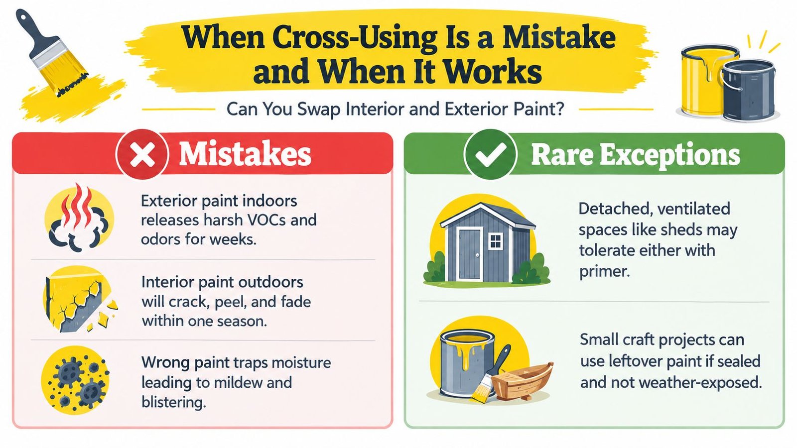 An infographic comparing interior and exterior paint, illustrating common mistakes and rare exceptions for cross-using these products.