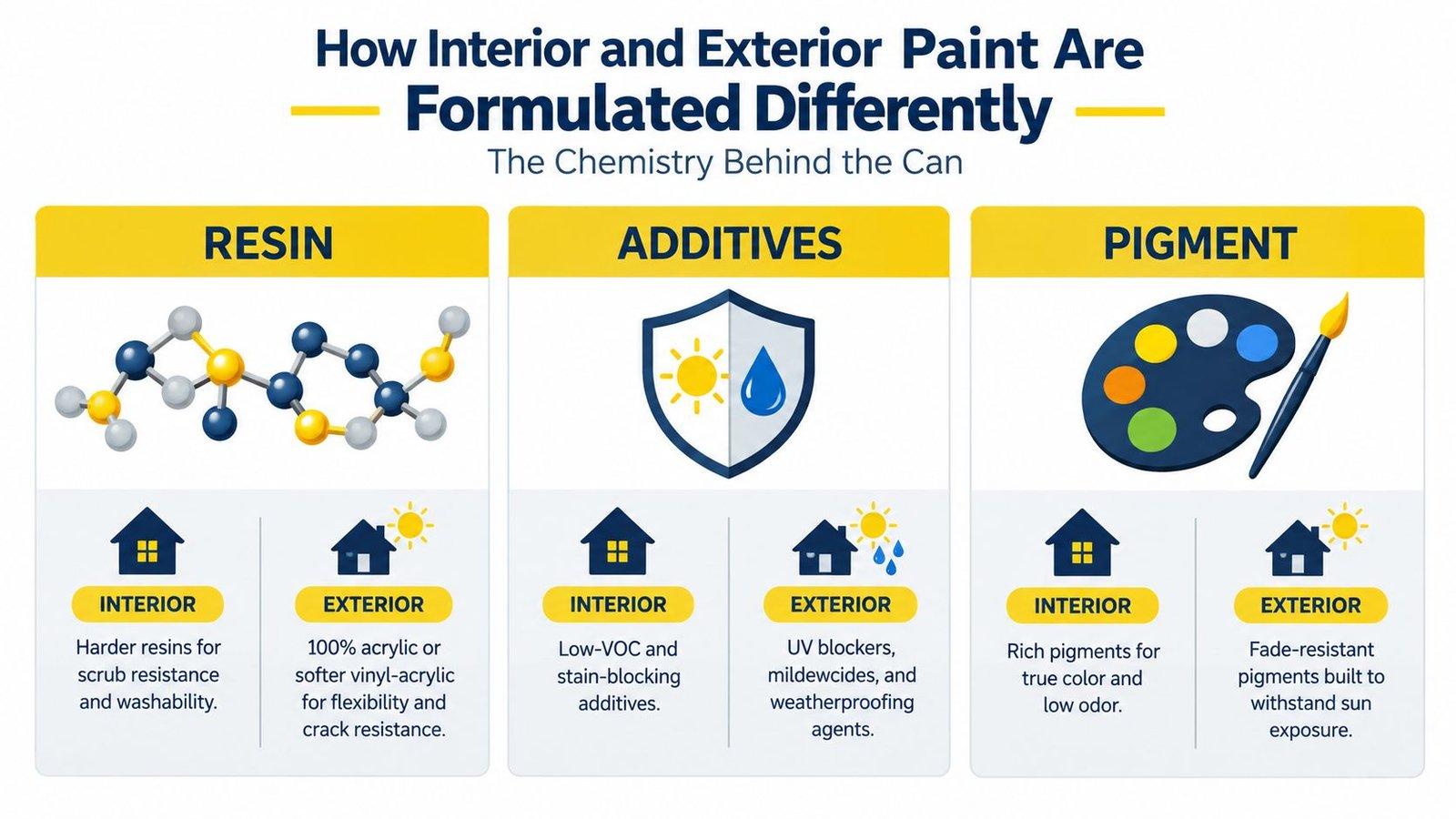 An infographic comparing the different formulations of interior and exterior paint across resins, additives, and pigments.