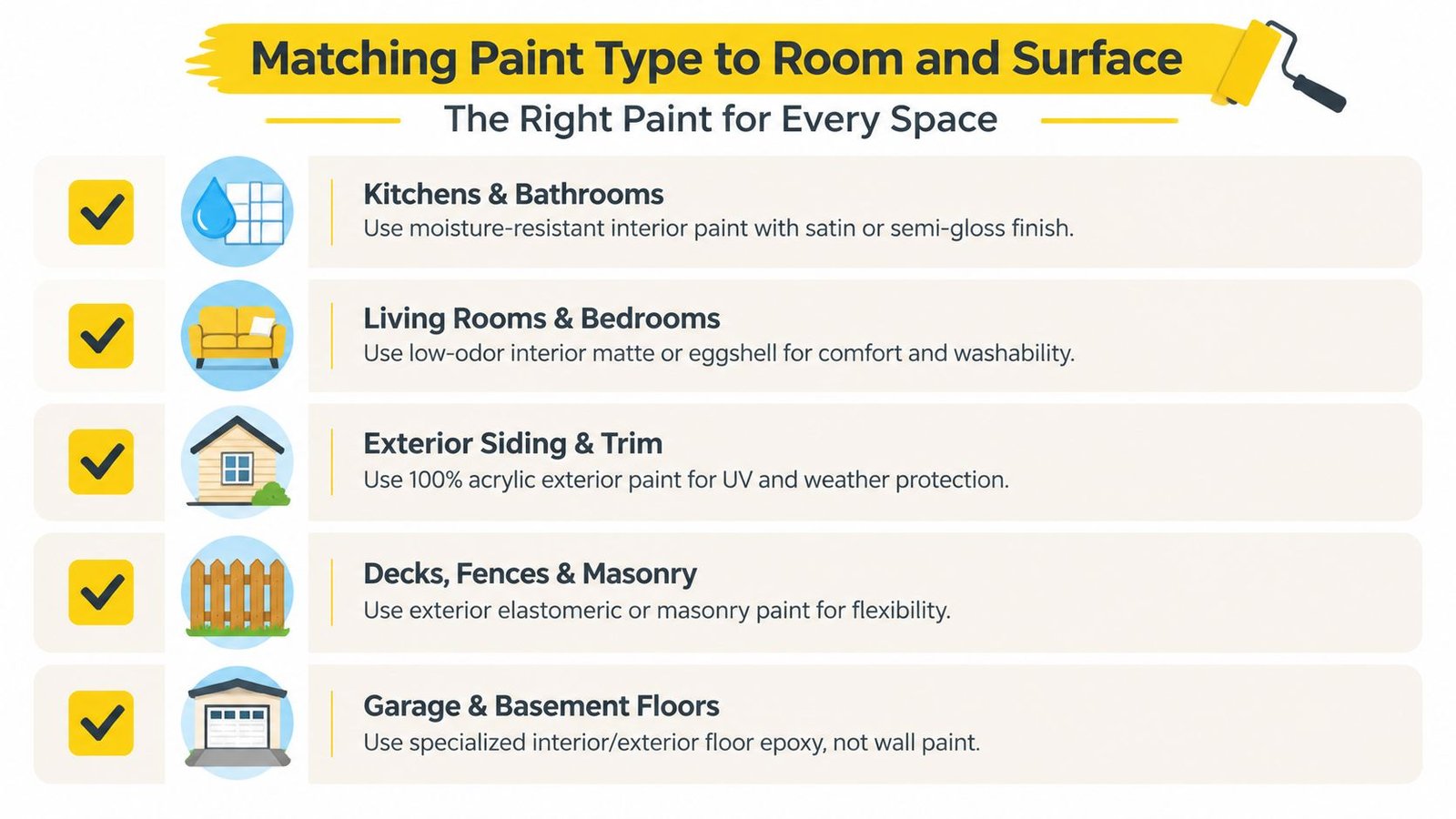 A chart showing recommendations for different paint types based on the room and surface being painted.