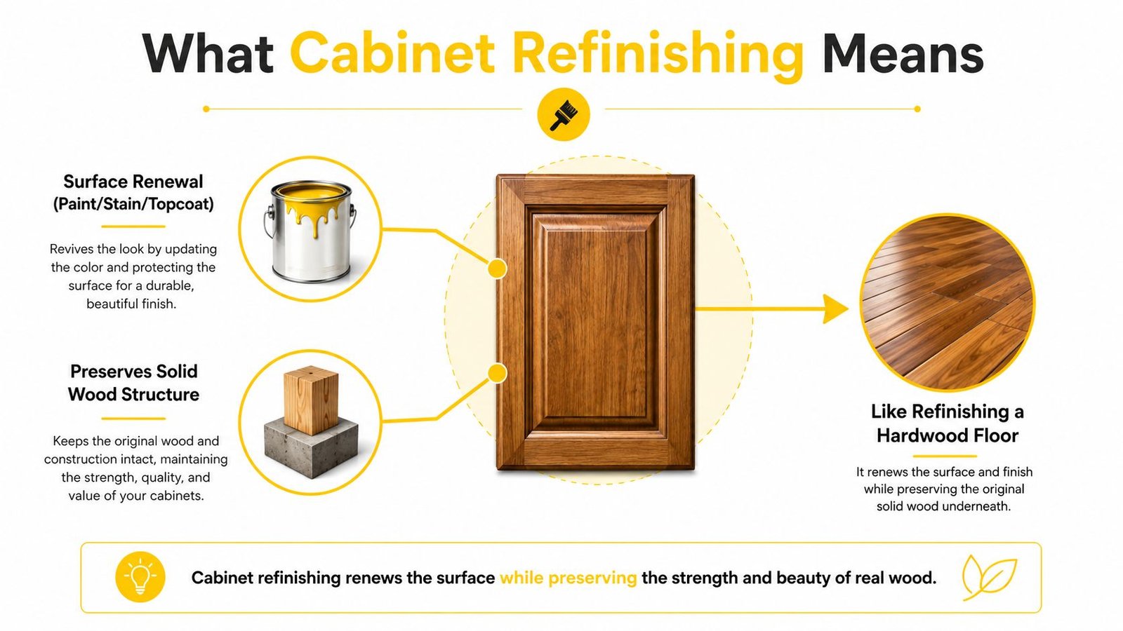 An infographic explaining that cabinet refinishing preserves the original wood structure while renewing the surface finish.