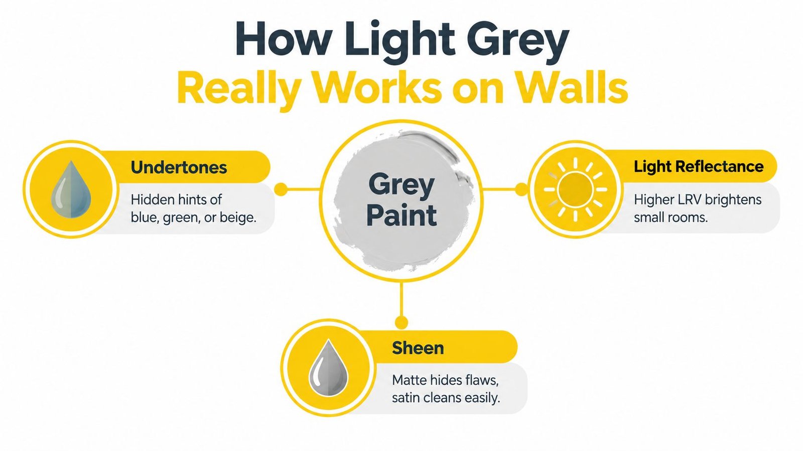 An infographic explaining key factors for choosing light grey wall paint, including undertones, light reflectance, and sheen.