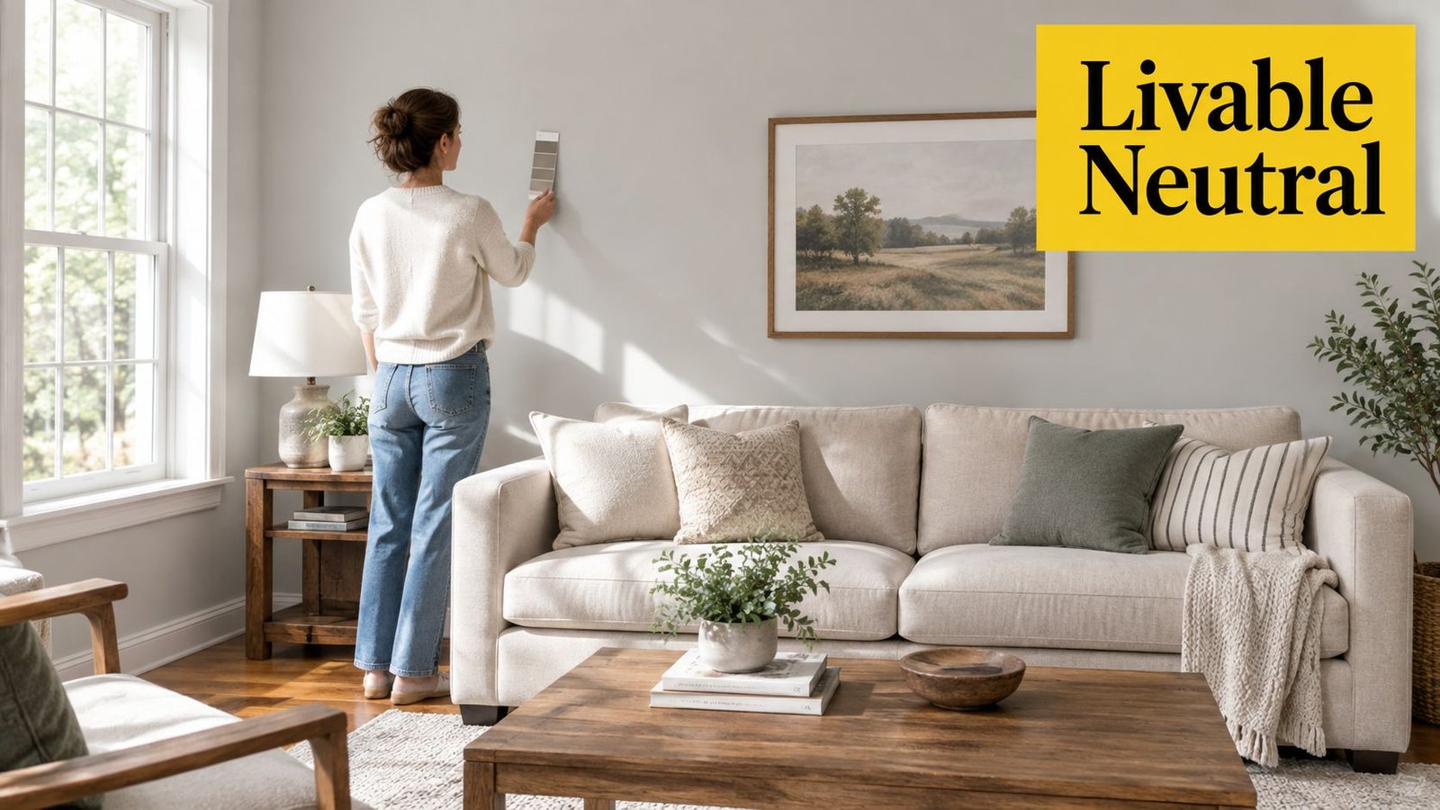 A woman stands in a light-filled living room holding paint swatches against a soft grey wall.
