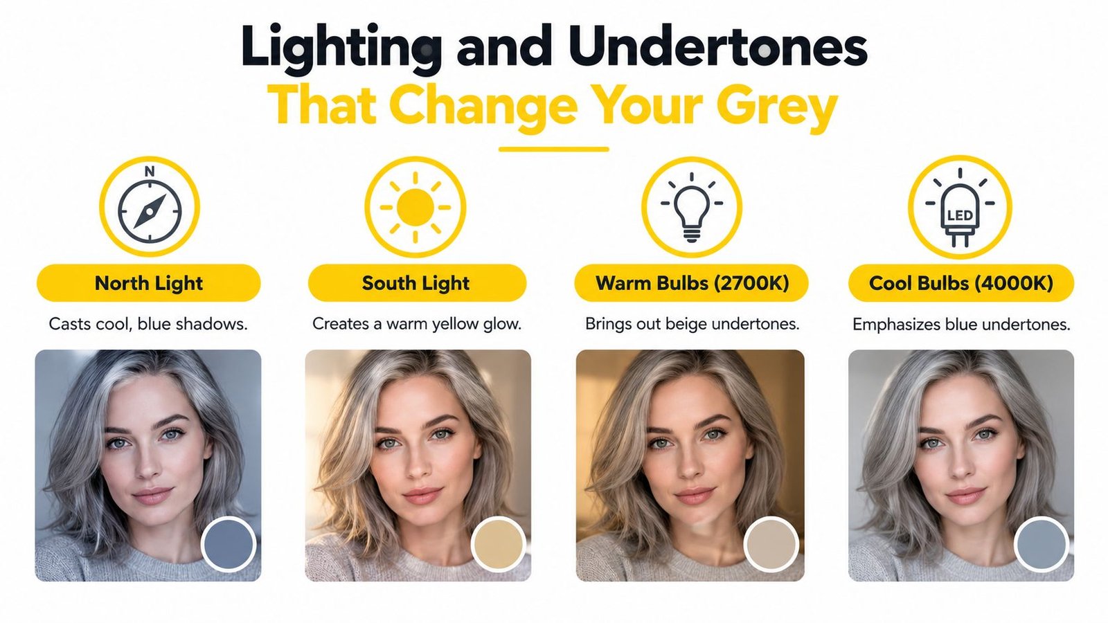 A visual guide showing how different lighting conditions affect the undertones of grey hair and paint colors.