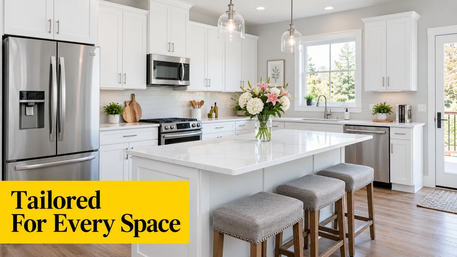 A bright, modern kitchen featuring white cabinets, marble countertops, and light grey walls with a center island.