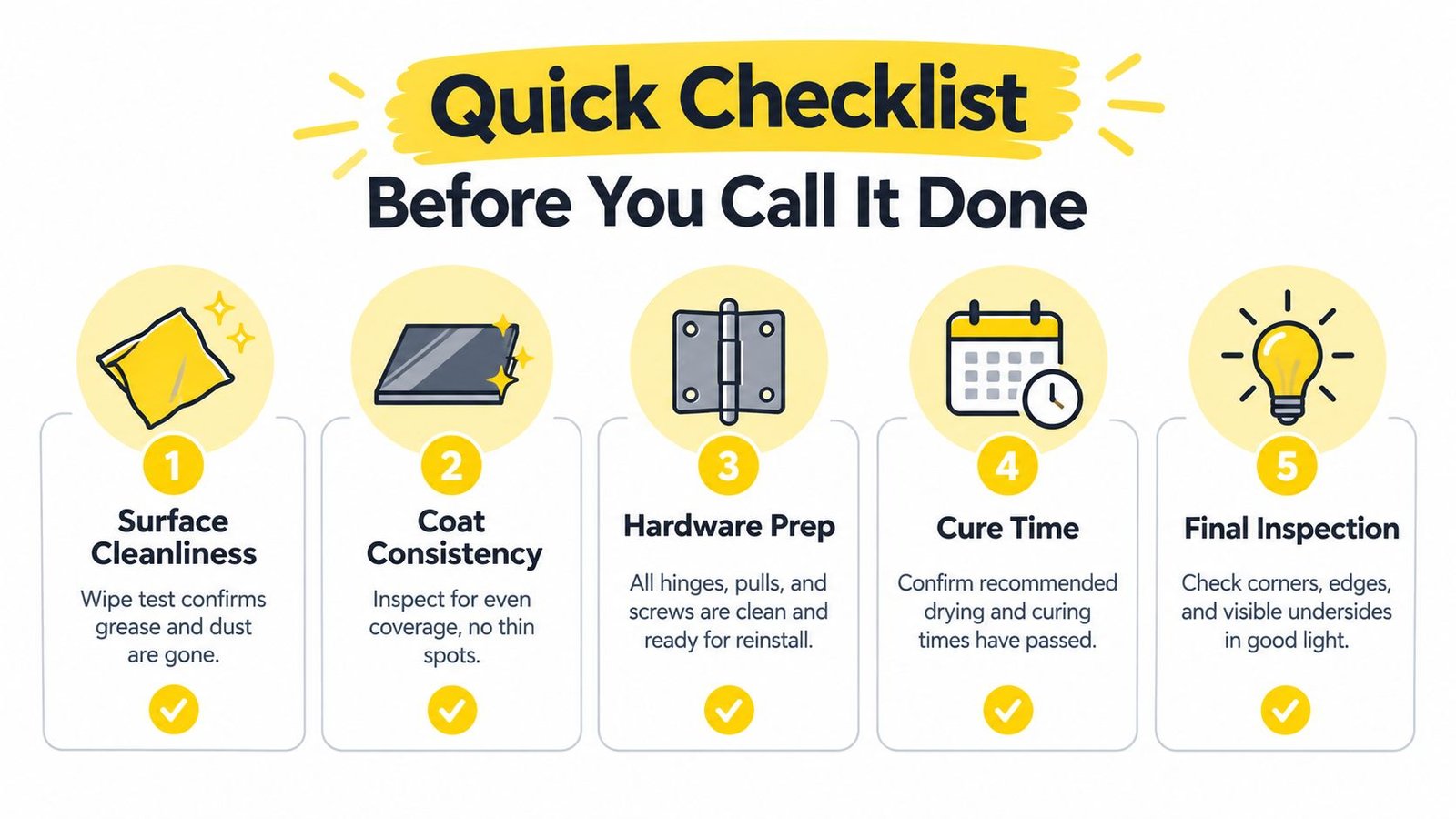 A five-step checklist for professional oak cabinet painting, emphasizing cleanliness, even coating, hardware preparation, curing, and final inspection.