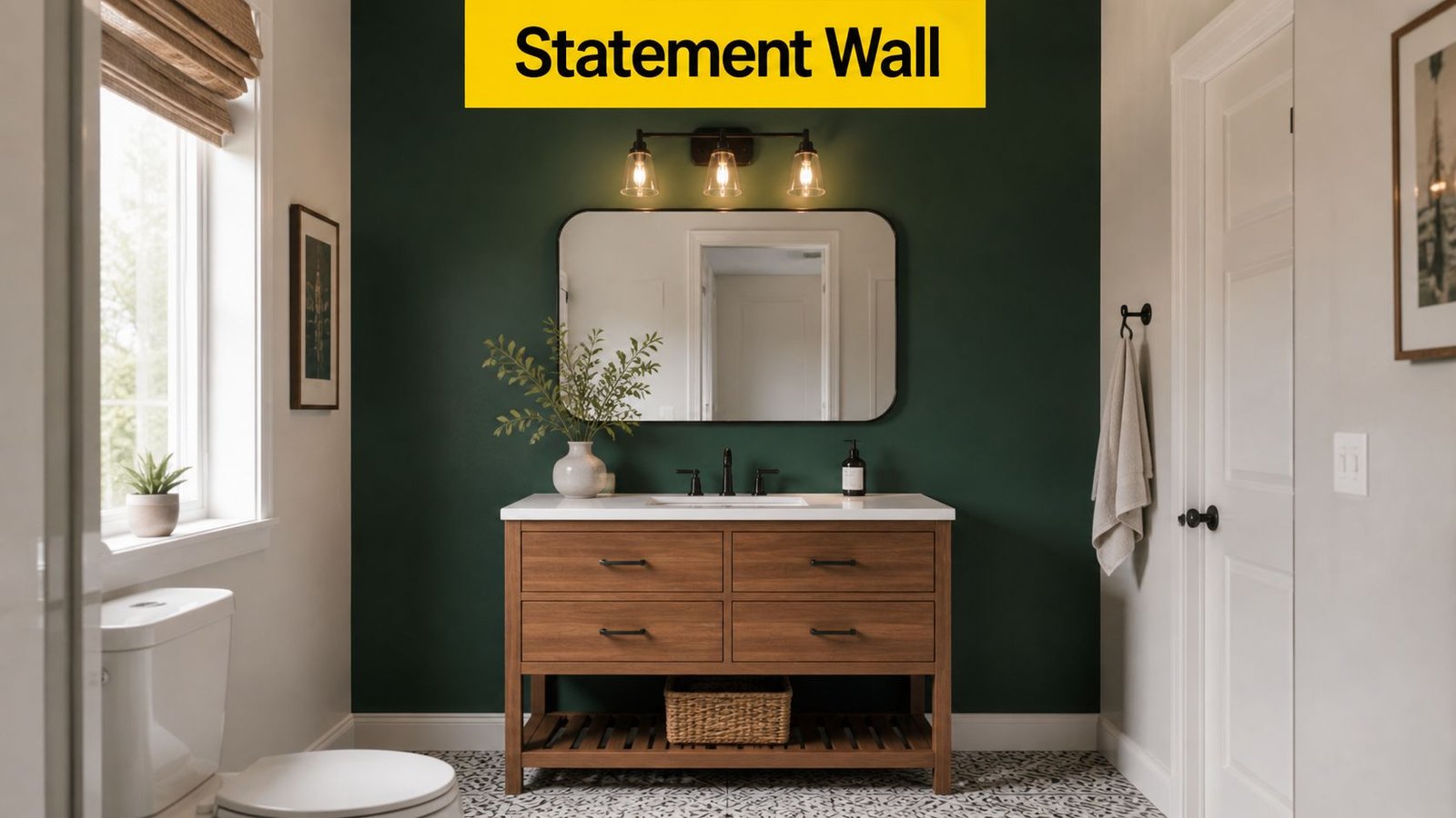 Soca Services modern bathroom vanity set against a dark green statement wall with wooden accents and patterned tile.