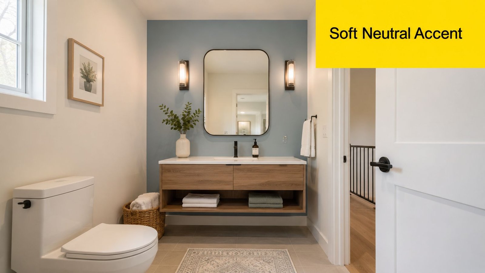 Soca Services modern small bathroom featuring a floating wooden vanity against a soft blue accent wall with lighting.