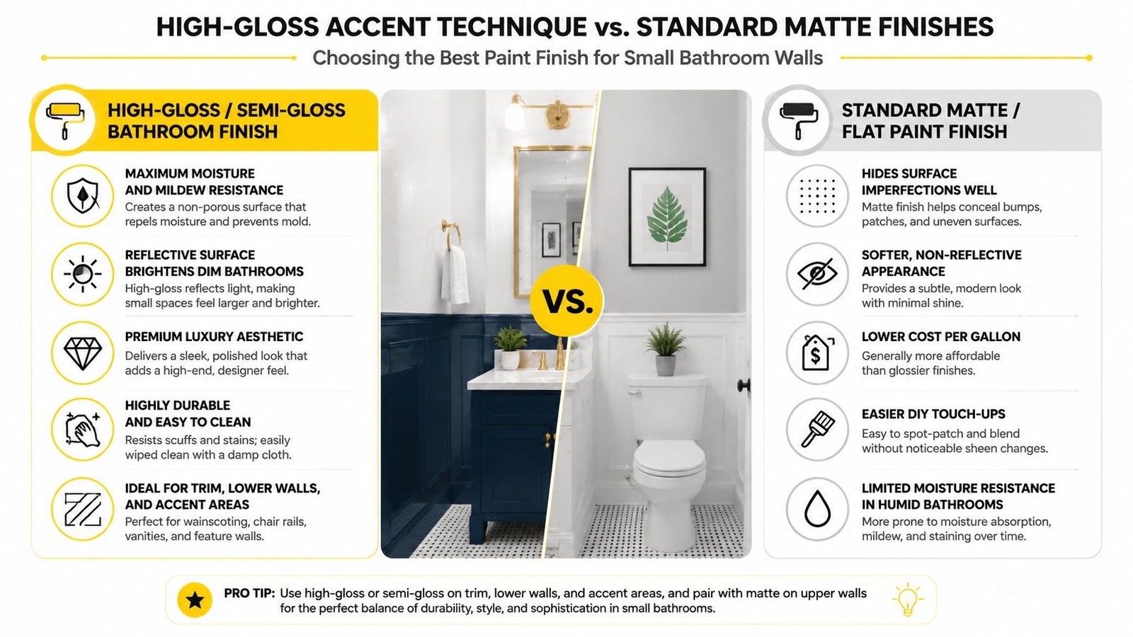 Soca Services comparison graphic showing the pros and cons of high-gloss and matte paint finishes for bathrooms.