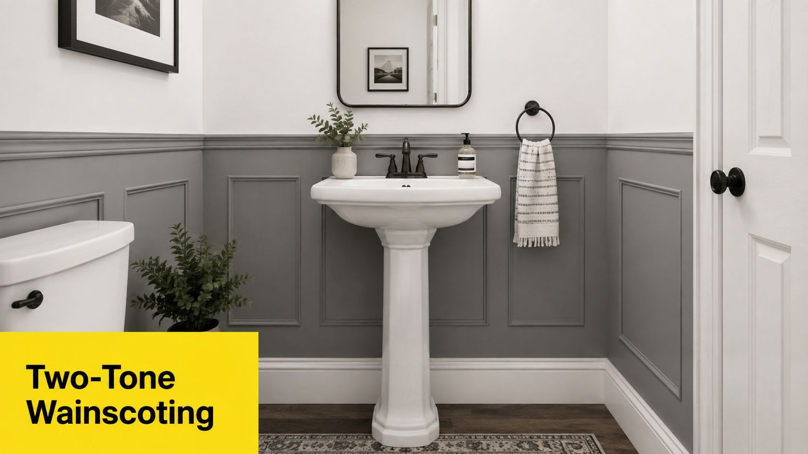 Soca Services small bathroom featuring grey wainscoting on the lower half of the walls with white upper walls.