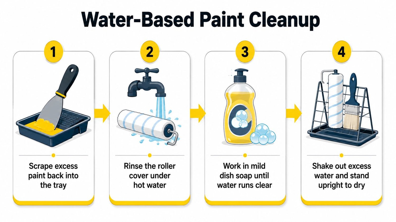 A four-step infographic illustrating how to properly clean water-based paint rollers using soap and water.