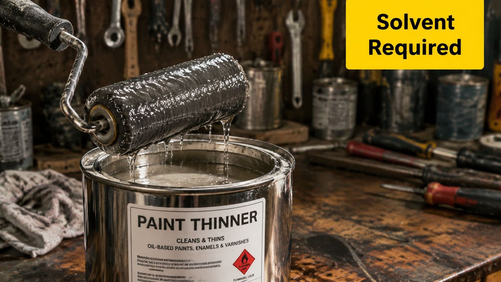 A paint roller covered in dark paint being cleaned in a metal can of paint thinner.