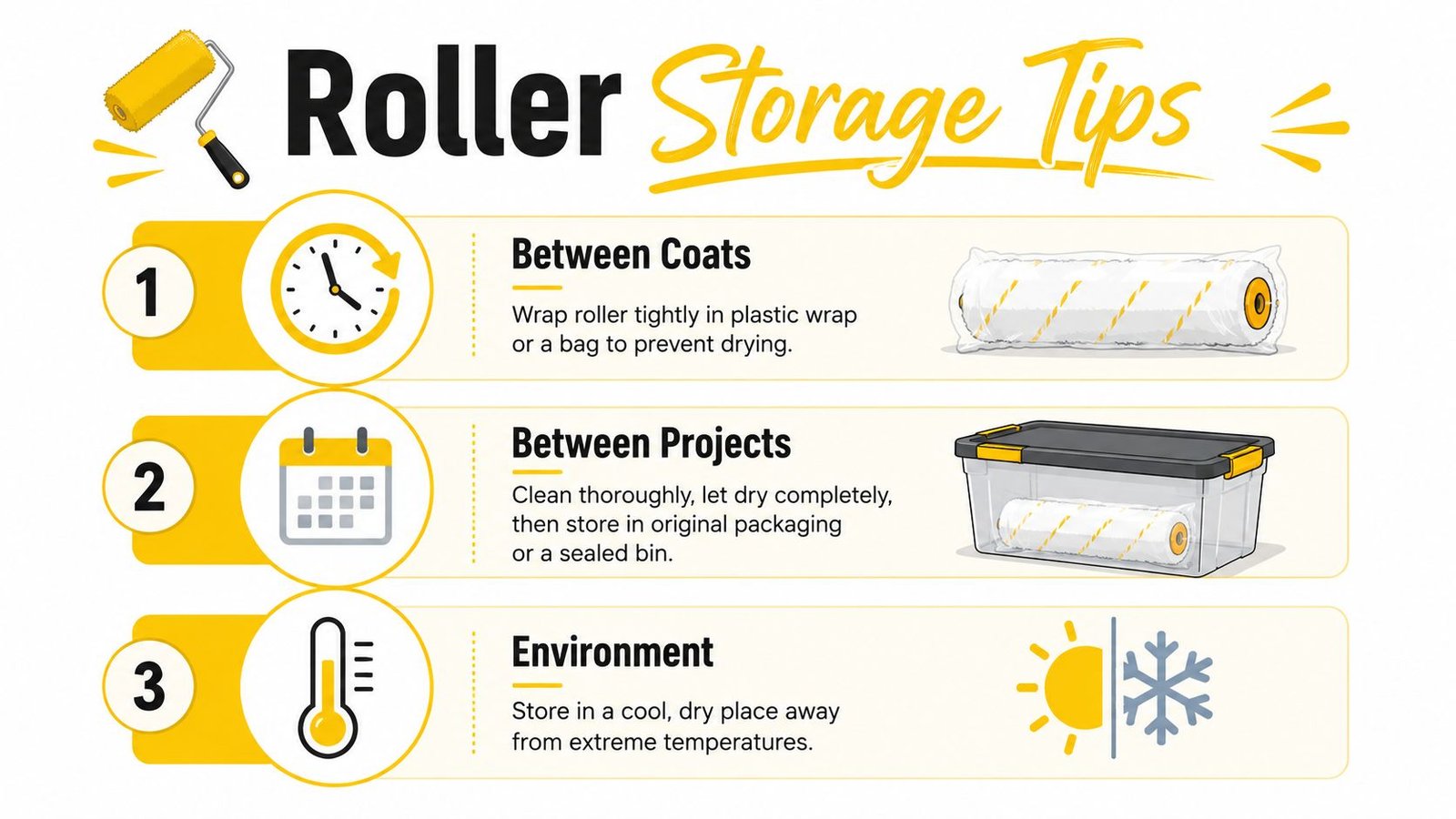 An infographic titled Roller Storage Tips showing three steps to store paint rollers properly.
