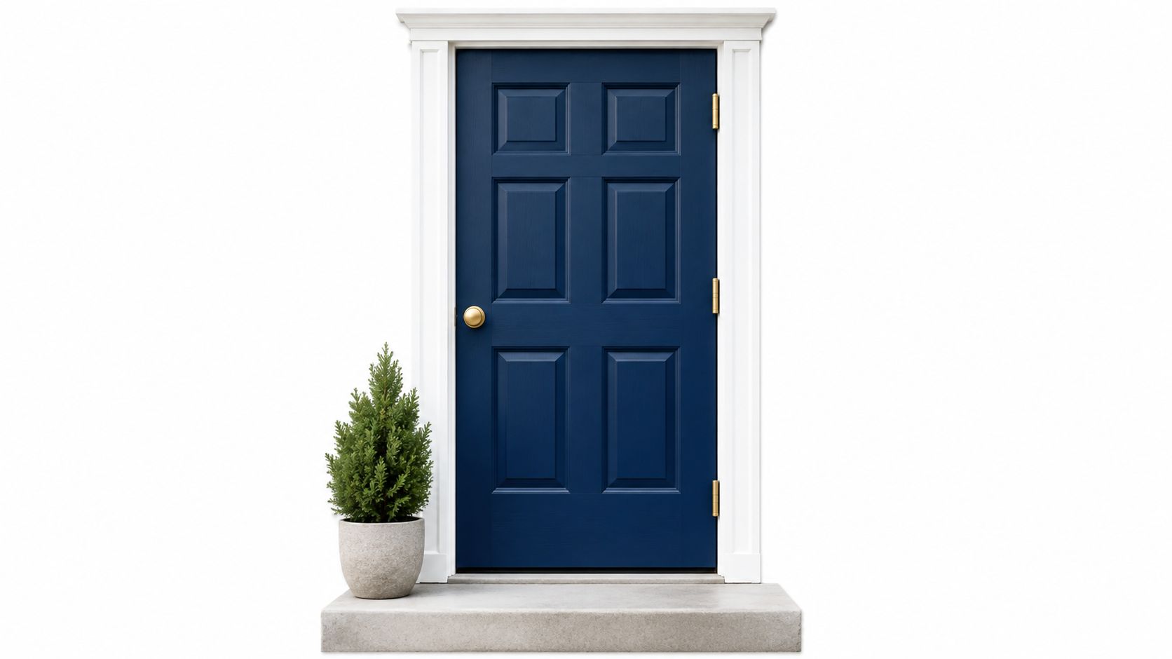 A classic dark blue front door with a white frame and a small potted evergreen plant outside.