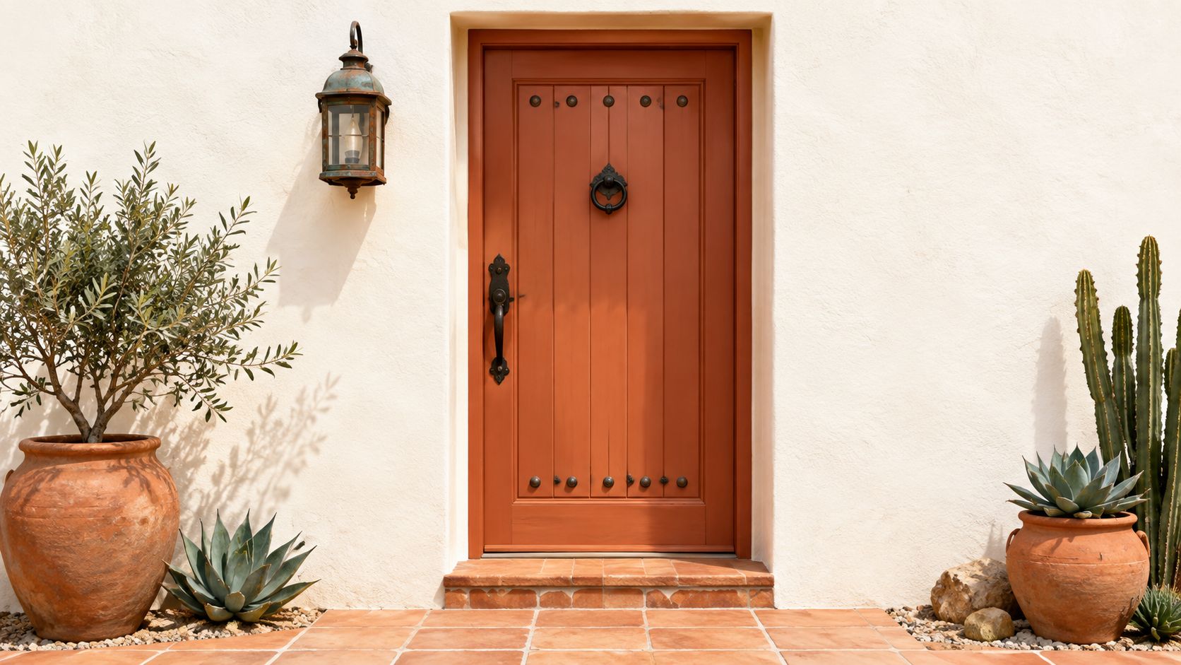 A rustic terracotta-colored wooden front door set against a white stucco wall with potted plants