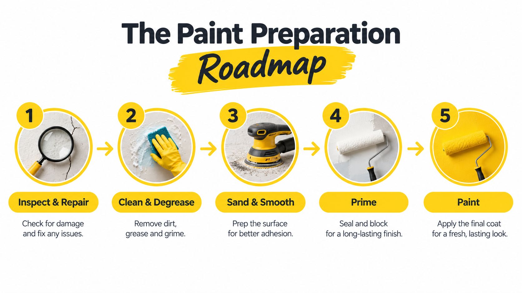 A step-by-step roadmap infographic for painting, covering inspection, cleaning, sanding, priming, and applying paint.