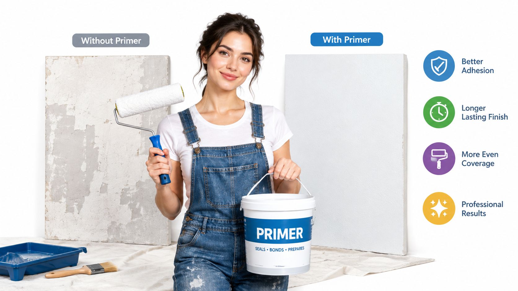 A woman holding a bucket of primer in front of two boards comparing paint results.